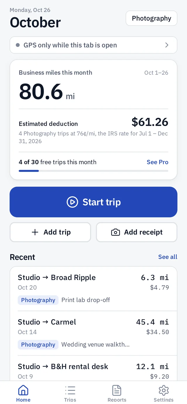 Deductrail Home screen showing 80.6 business miles this month, a $61.26 estimated deduction at 76 cents a mile, a Start trip button and recent trips.